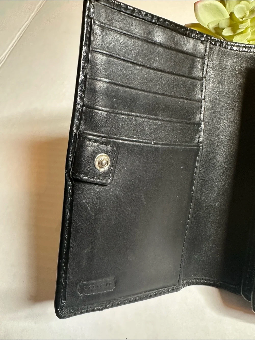 Coach Black Signature Logo Compact Wallet with Silver Logo